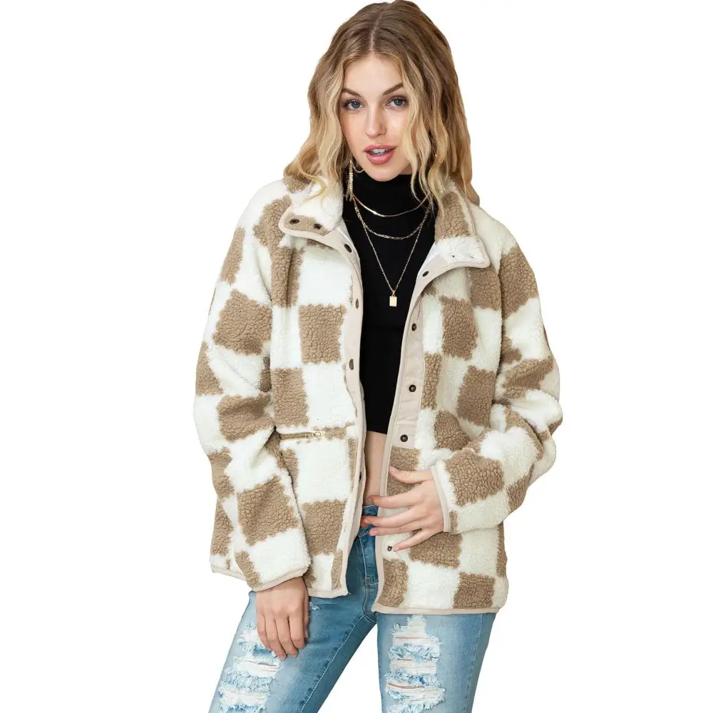 Cozy Brown Checked Snap Button Sherpa Jacket with Zip Pockets