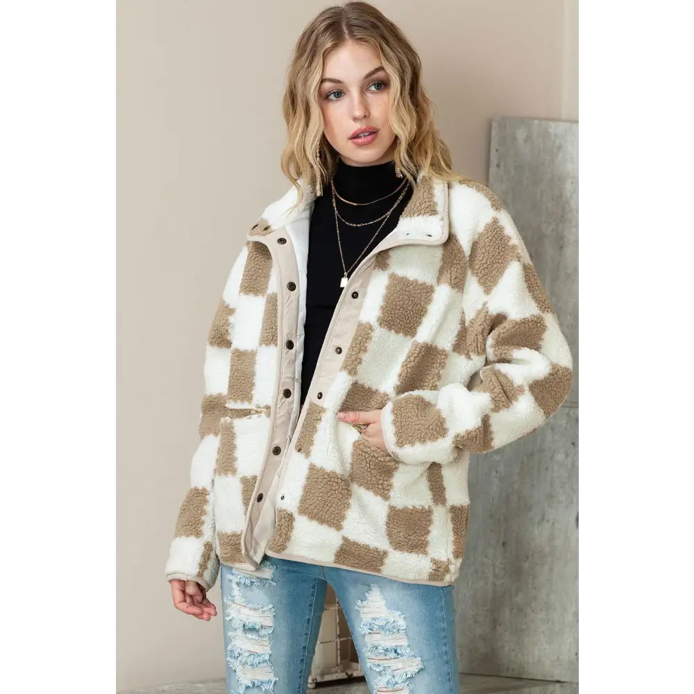 Cozy Brown Checked Snap Button Sherpa Jacket with Zip Pockets