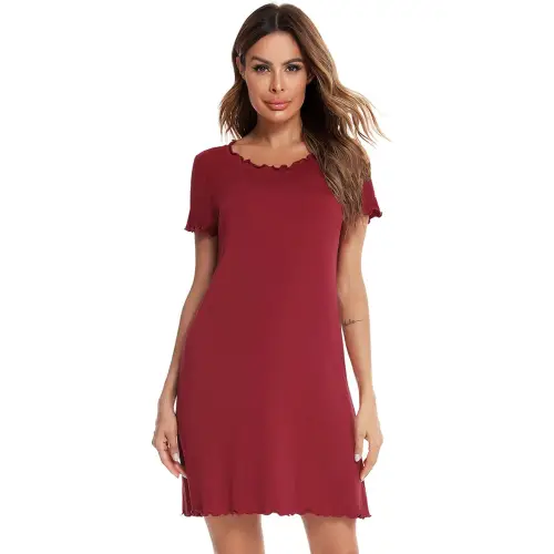 Cozy Burgundy Round Neck Short Sleeve Lounge Dress for Relaxation