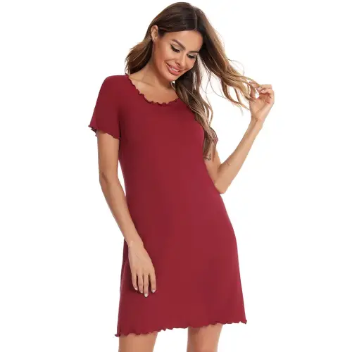 Cozy Burgundy Round Neck Short Sleeve Lounge Dress for Relaxation