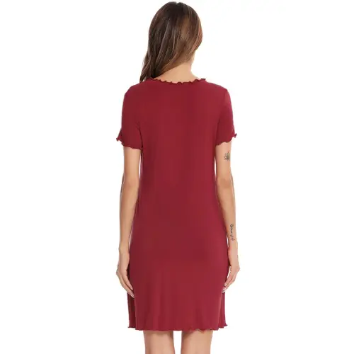 Cozy Burgundy Round Neck Short Sleeve Lounge Dress for Relaxation