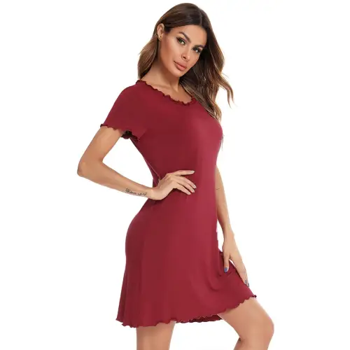 Cozy Burgundy Round Neck Short Sleeve Lounge Dress for Relaxation