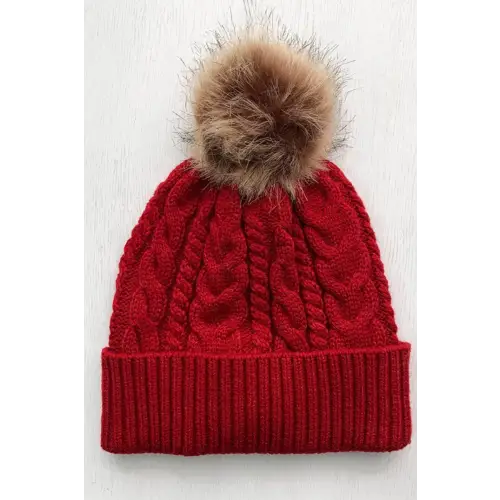 Cable-Knit Cuffed Hat with Pom-pom - Scarlet / One Size - CynthiaMonica CM