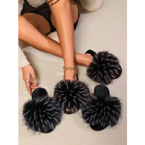 Fuzzy Open Toe Flat Sandals - CM Fashion