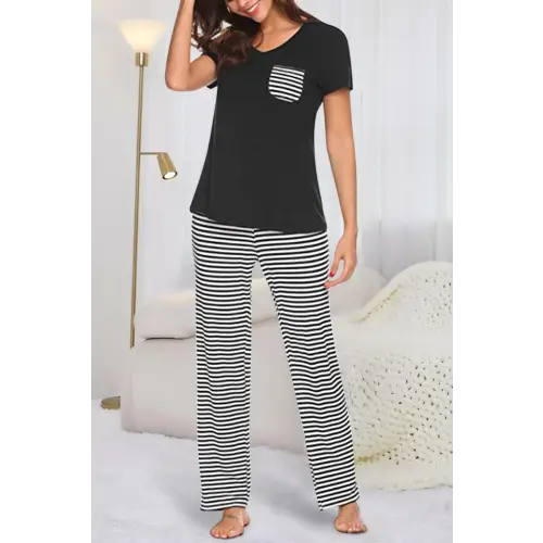 Pocketed Short Sleeve Top and Striped Pants Lounge Set - CM Fashion