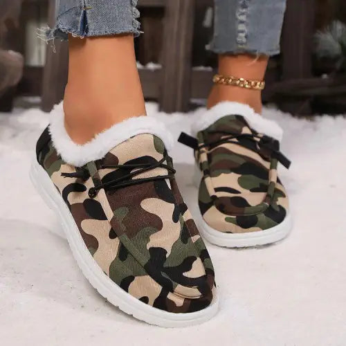 Cozy Fuzzy Camouflage Round Toe Boots for Winter Adventures