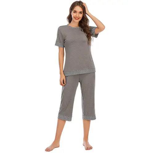 Cozy Gray Round Neck Capris Pants Lounge Set for Ultimate Relaxation