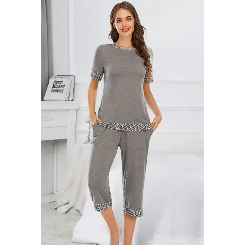 Round Neck Short Sleeve Top and Capris Pants Lounge Set - CM