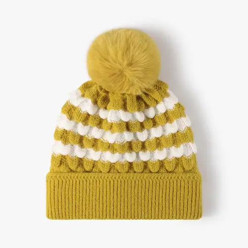 Striped Contrast Knit Hat with Pom-pom - CM Fashion