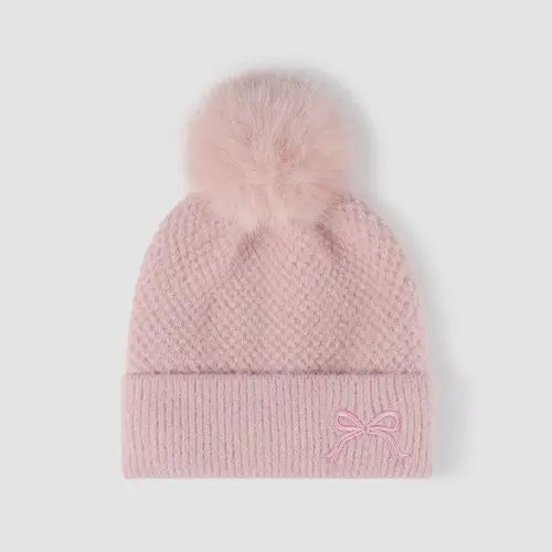 Thermal Bow Knit Hat with Pompom - CM Fashion