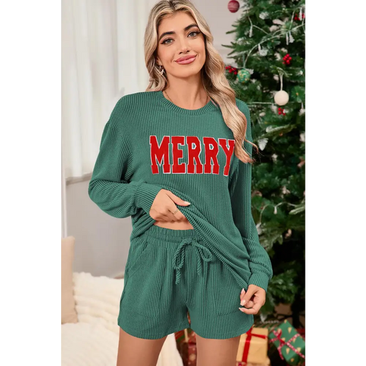 Cozy Up in Evergreen Corded Merry Shorts Pajama Set Evergreen / 2XL