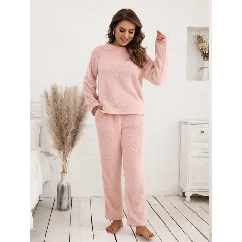 Ivy Lane Teddy Long Sleeve Top and Pants Lounge Set - CM Fashion