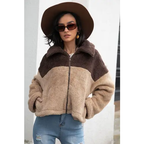 Two-Tone Collared Neck Fuzzy Jacket - CM Fashion