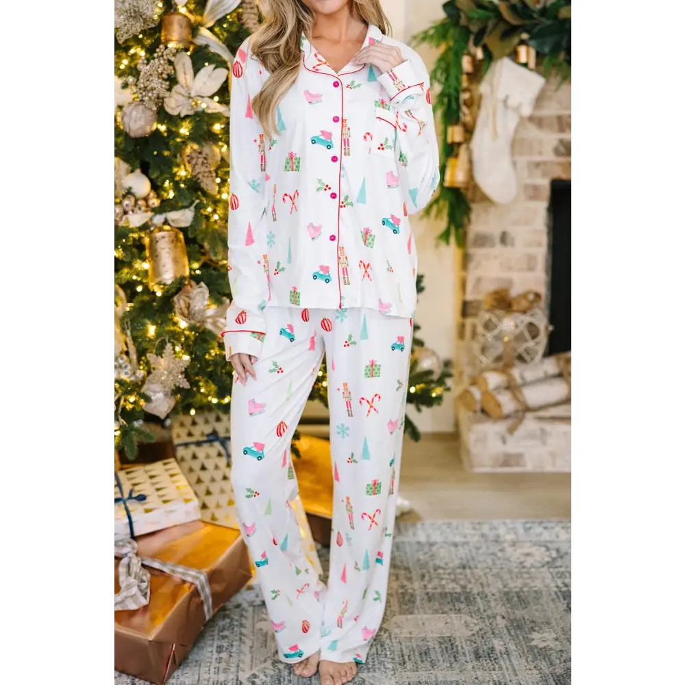 Cozy up in our White Christmas Print Pajama Set for Festive Cheer