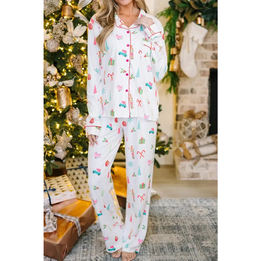 Cozy up in our White Christmas Print Pajama Set for Festive Cheer White / 2XL