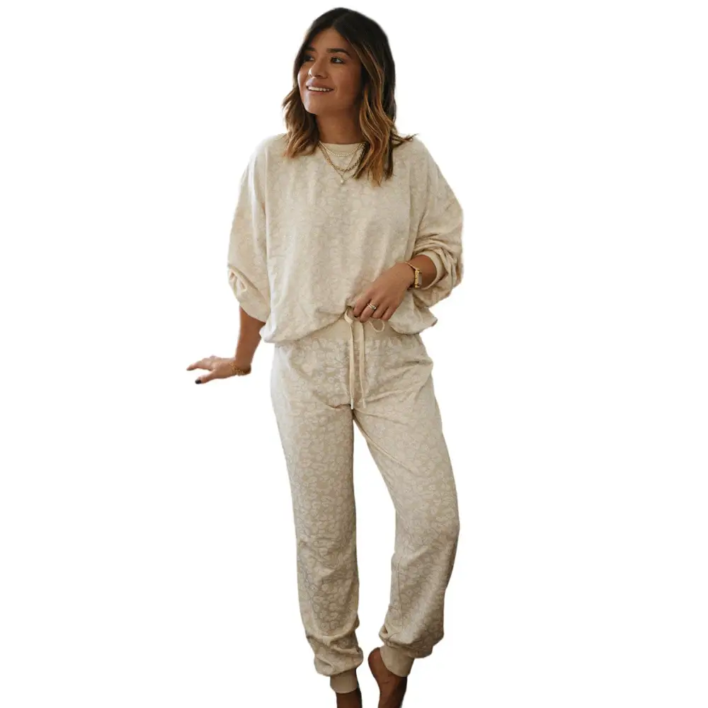 Cozy White Cheetah Print Loose Fit 2 Piece Loungewear Set