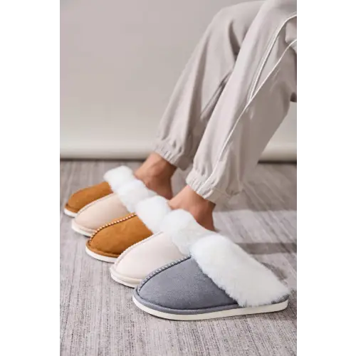 Faux Fur Round Toe Slippers - CM Fashion