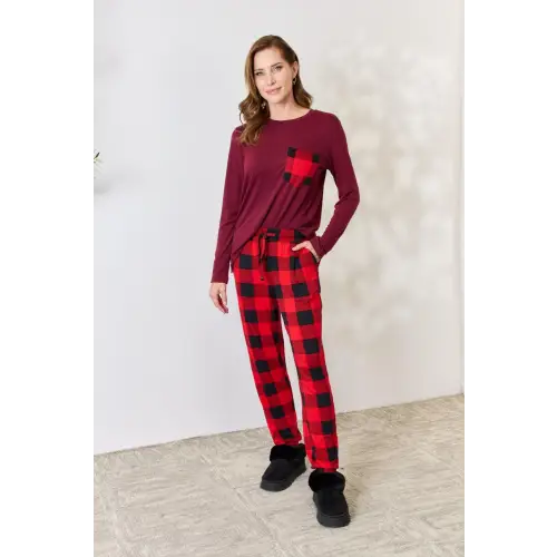 Cozy Zenana Full Size Plaid Round Neck Pants Pajama Set