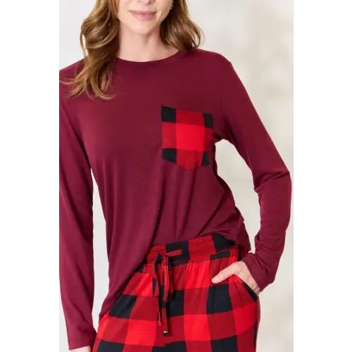 Cozy Zenana Full Size Plaid Round Neck Pants Pajama Set