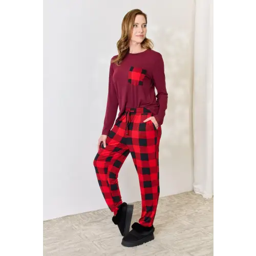 Cozy Zenana Full Size Plaid Round Neck Pants Pajama Set