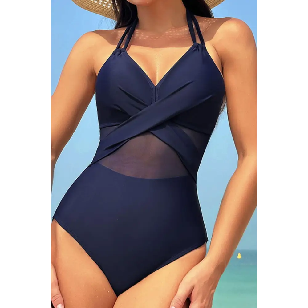 Stunning Crisscross Halter Neck One-Piece Swimwear in Sleek Black