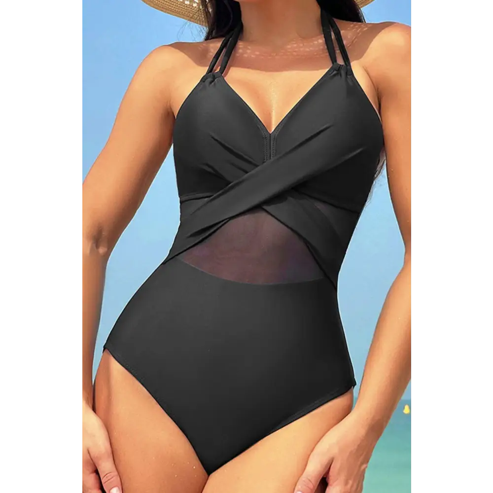 Stunning Crisscross Halter Neck One-Piece Swimwear in Sleek Black