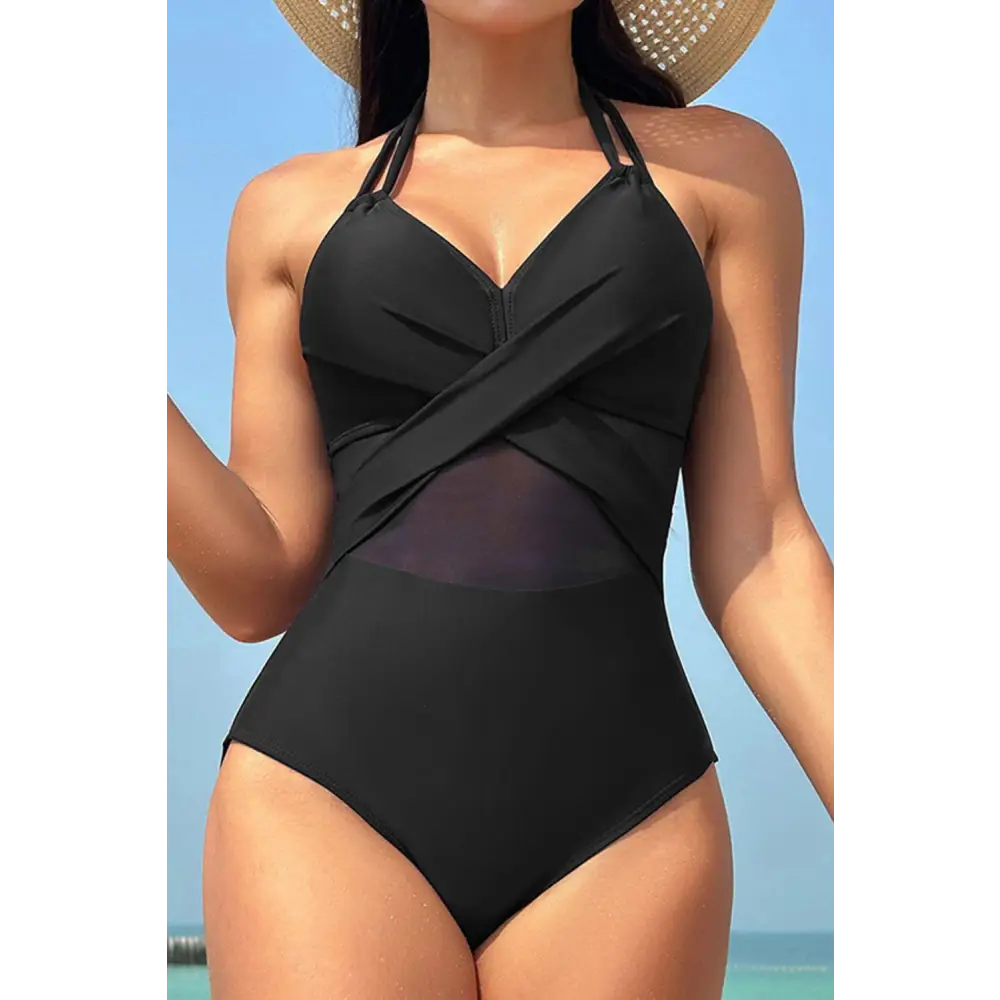 Stunning Crisscross Halter Neck One-Piece Swimwear in Sleek Black