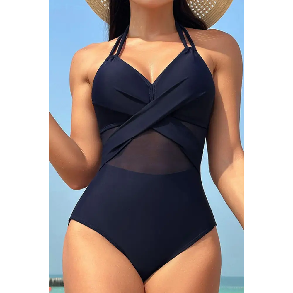 Stunning Crisscross Halter Neck One-Piece Swimwear in Sleek Black