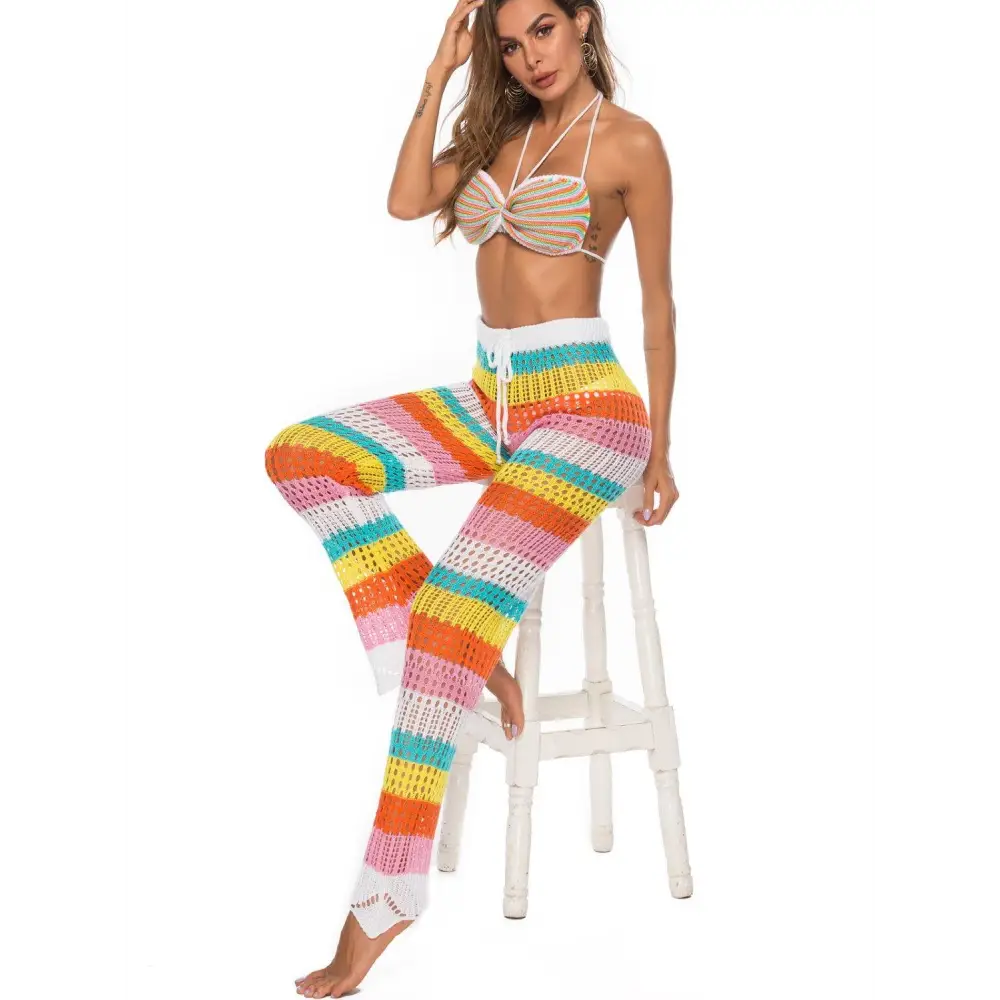 Vibrant Cutout Contrast High Waist Swim Pants for Beach Fun