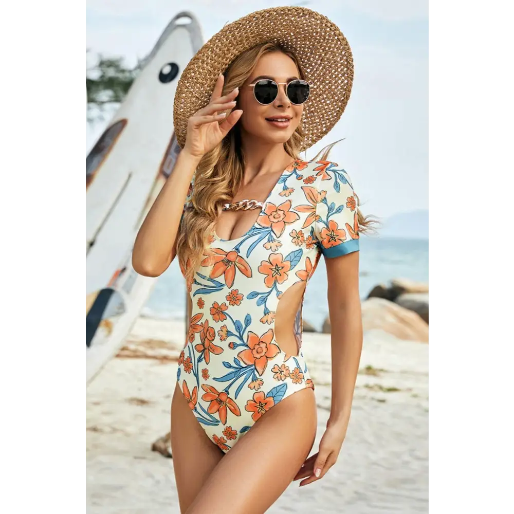 Cutout Printed Short Sleeve One-Piece Swimwear