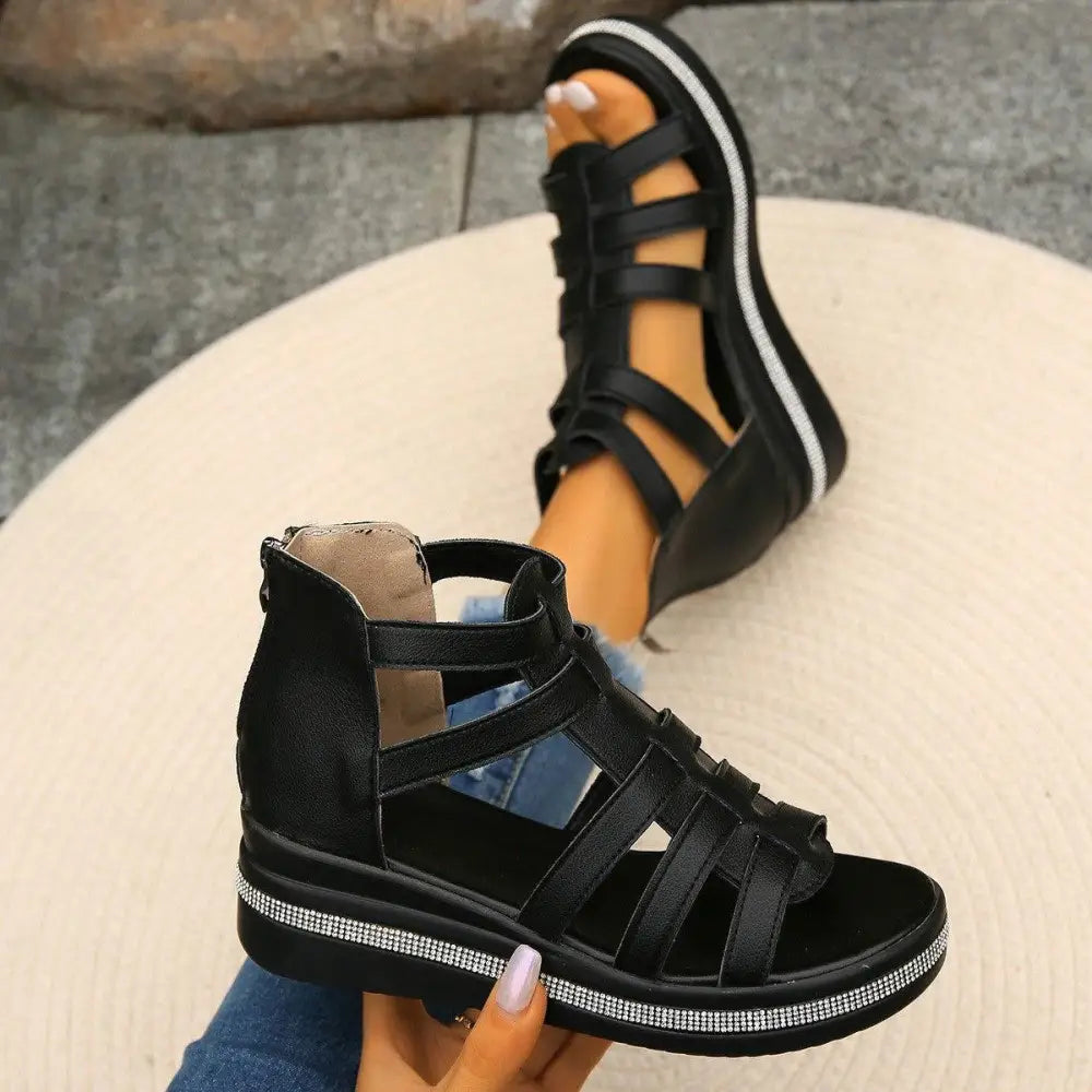 Cutout Rhinestone Trim Wedge Sandals