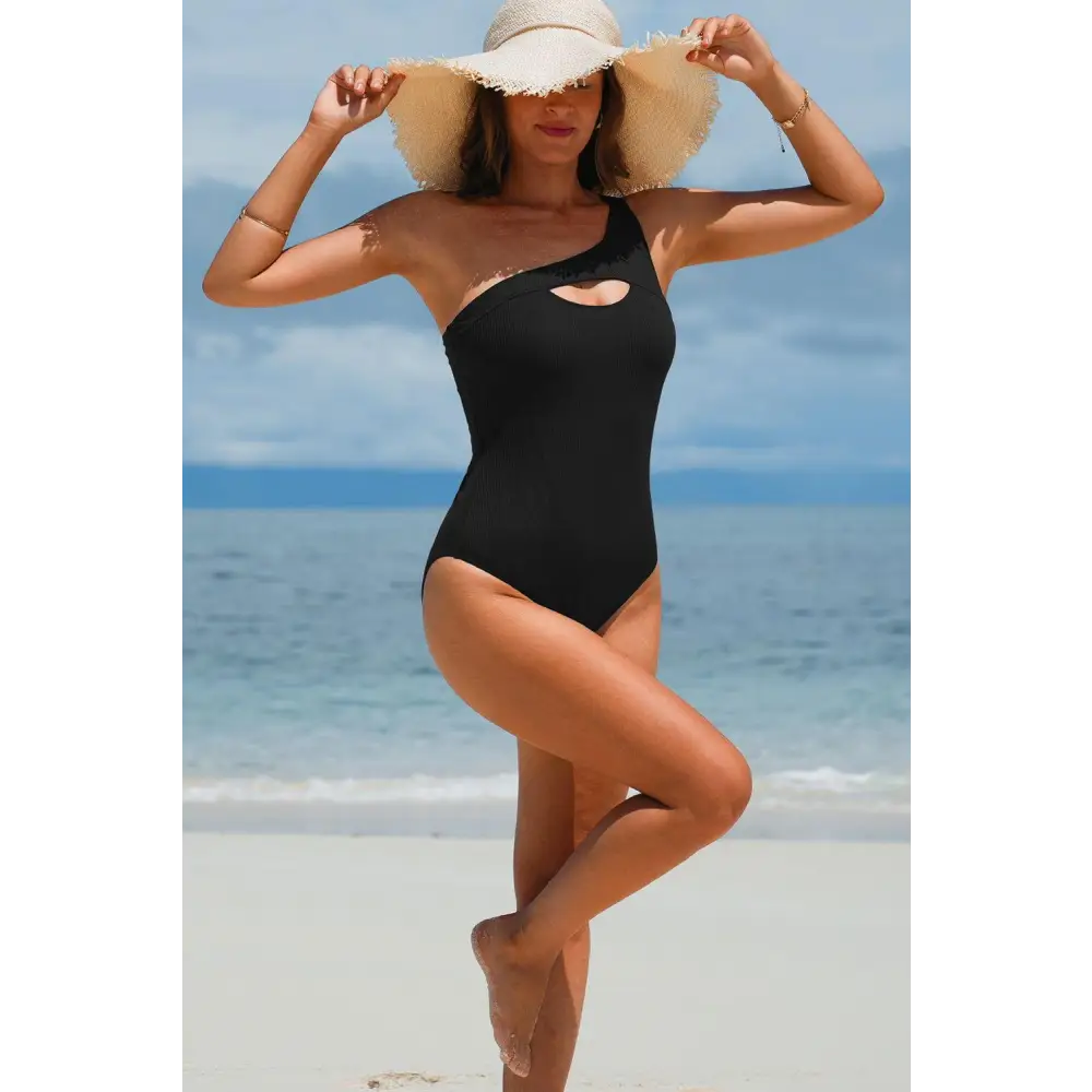 Bold Black One Shoulder Sleeveless One Piece Swimwear