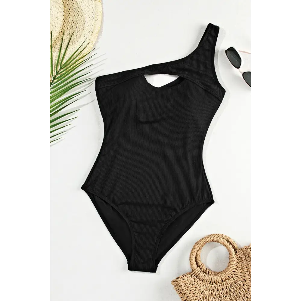 Bold Black One Shoulder Sleeveless One Piece Swimwear