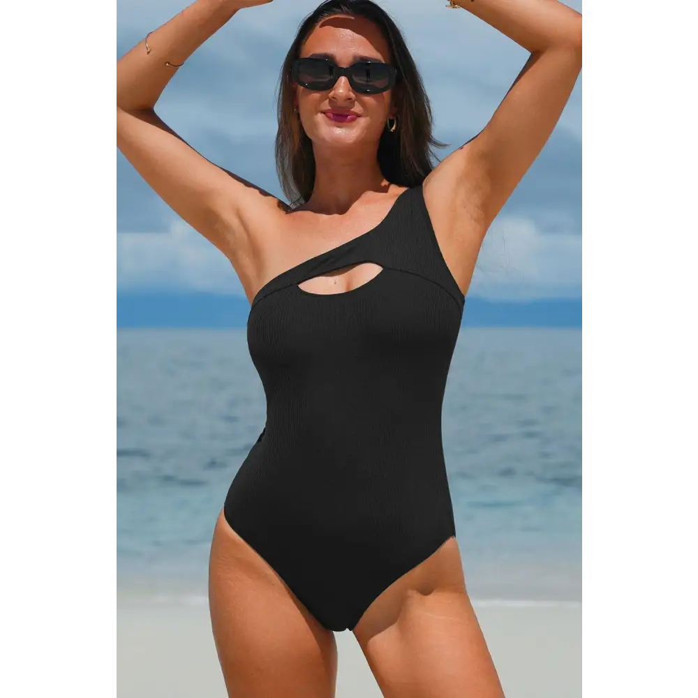 Bold Black One Shoulder Sleeveless One Piece Swimwear