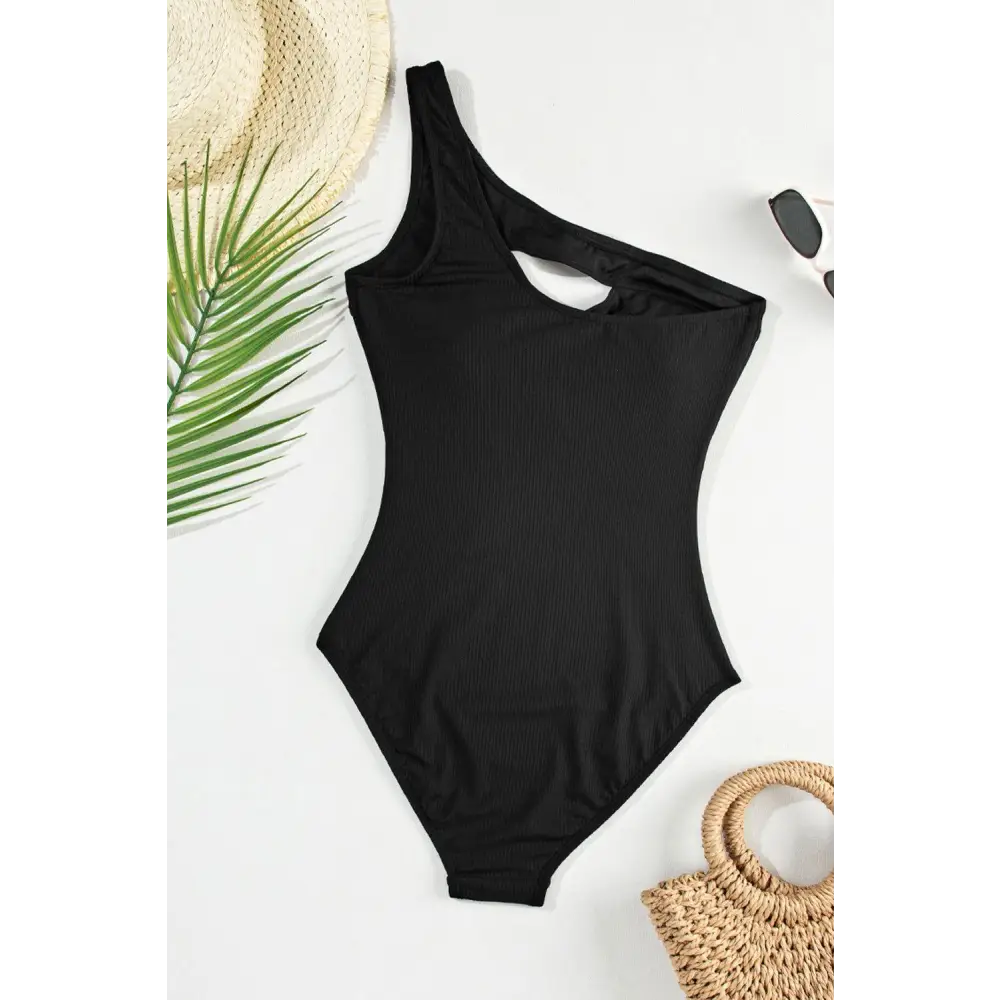 Bold Black One Shoulder Sleeveless One Piece Swimwear