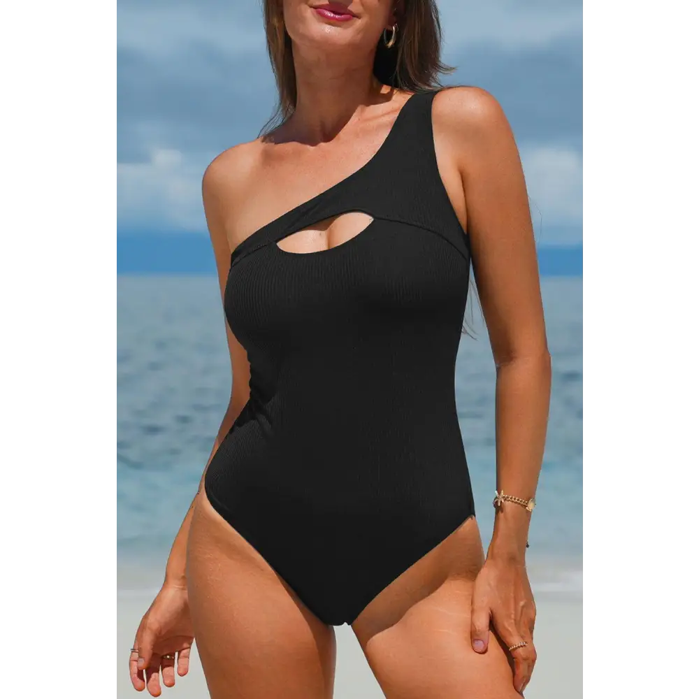 Bold Black One Shoulder Sleeveless One Piece Swimwear