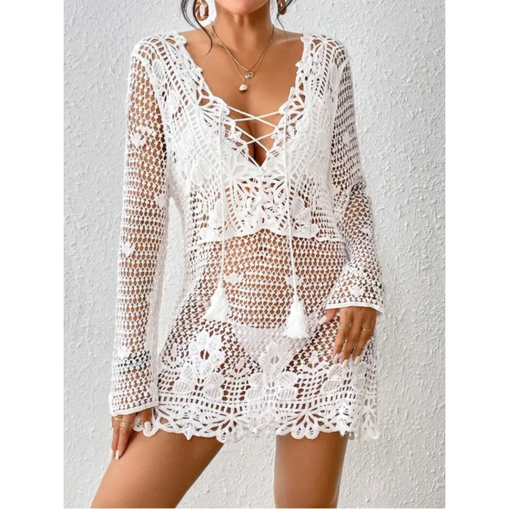 Romantic Cutout Tied V Neck Long Sleeve Cover Up