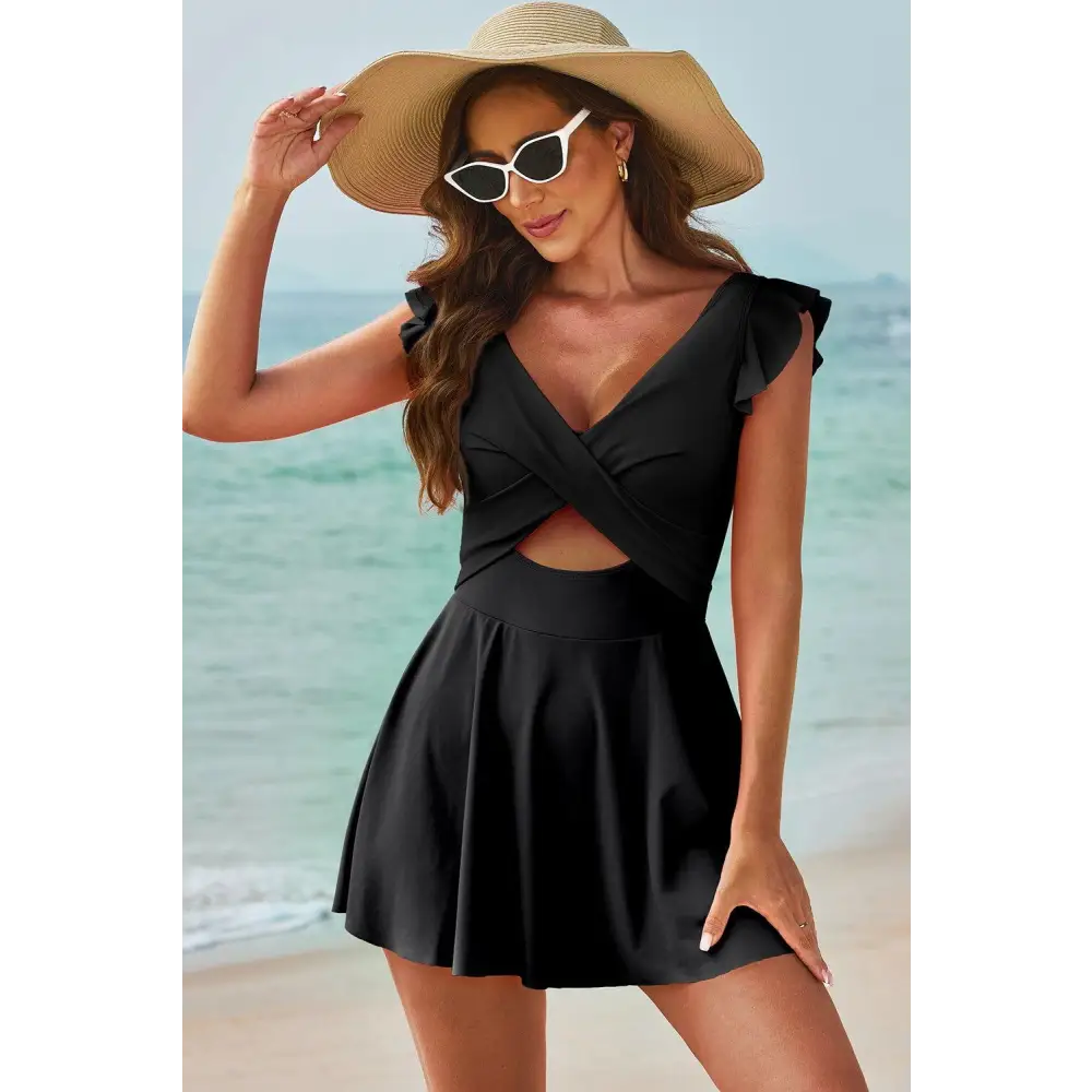 Romantic Cutout V-Neck Cap Sleeve One-Piece Swimwear