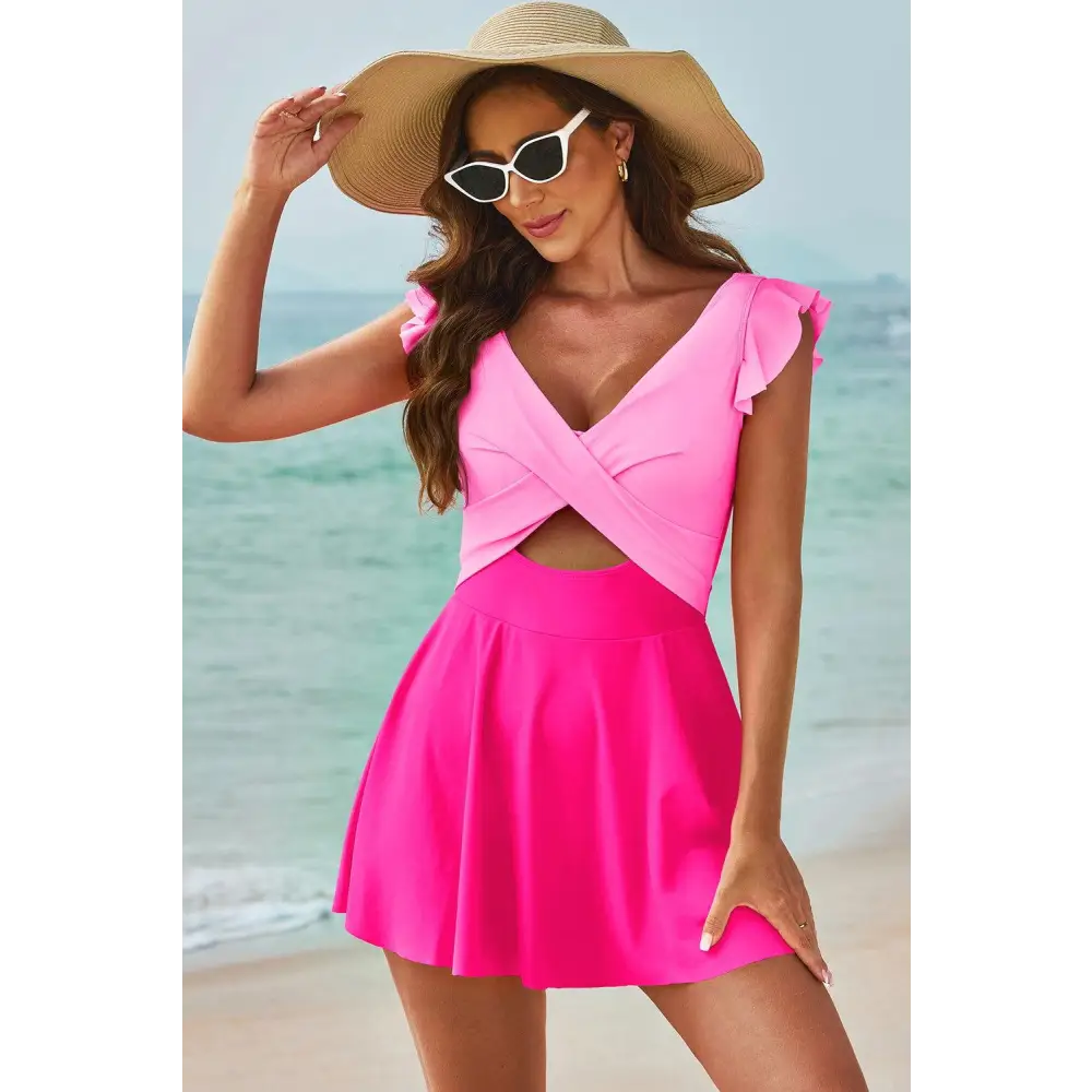 Romantic Cutout V-Neck Cap Sleeve One-Piece Swimwear