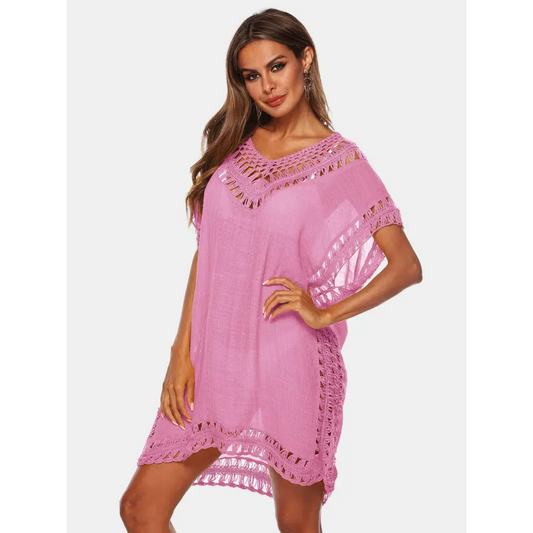 Cutout V-Neck Short Sleeve Cover-Up - CM Fashion