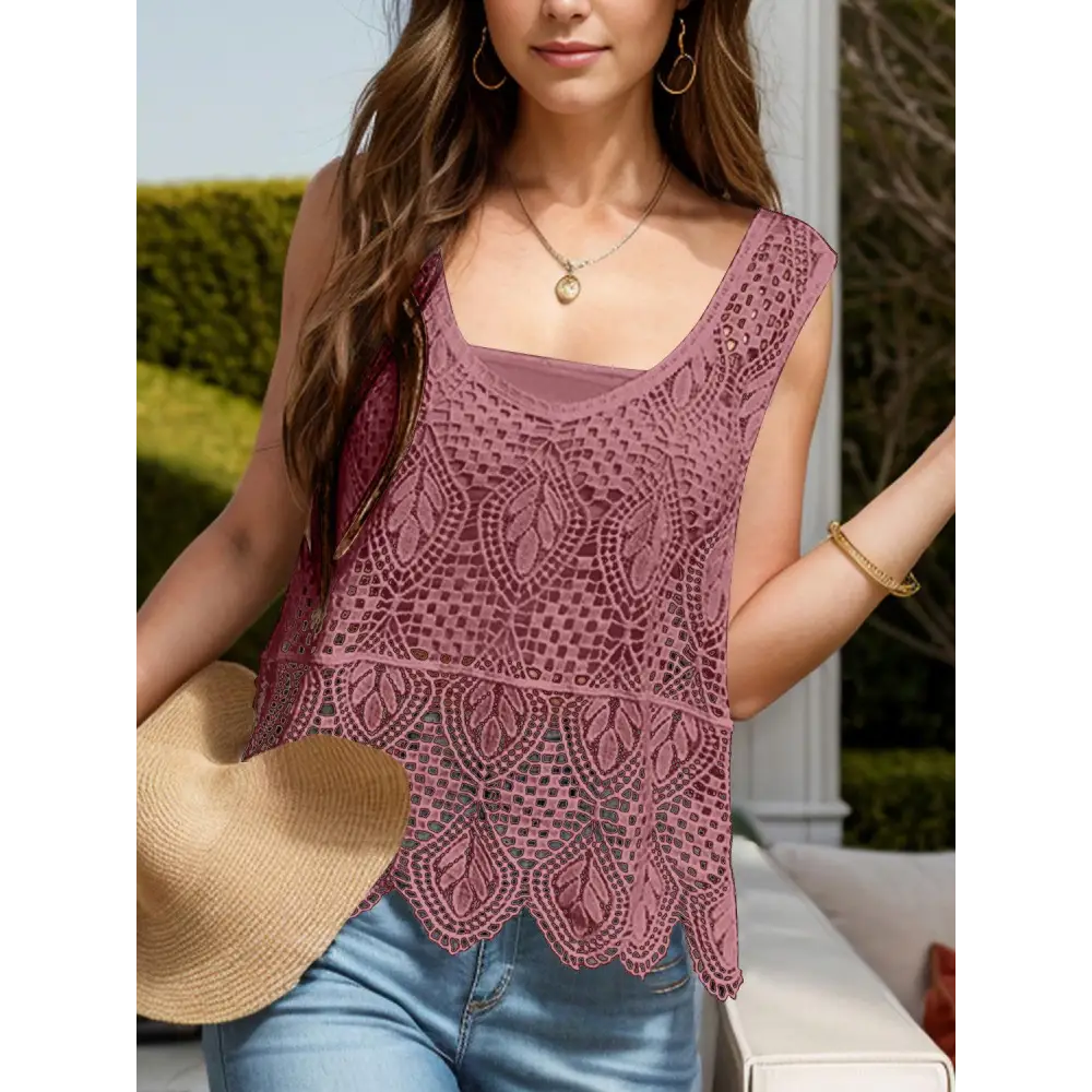 Romantic Cutout Wide Strap Cover-Up Crochet Lace Tank Top