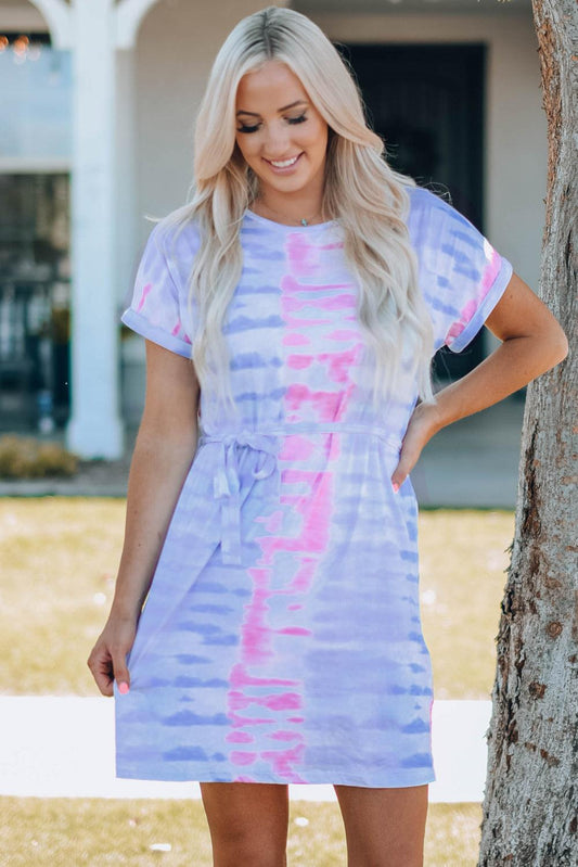 Women Tie-Dye Belted T-Shirt Dress - CM