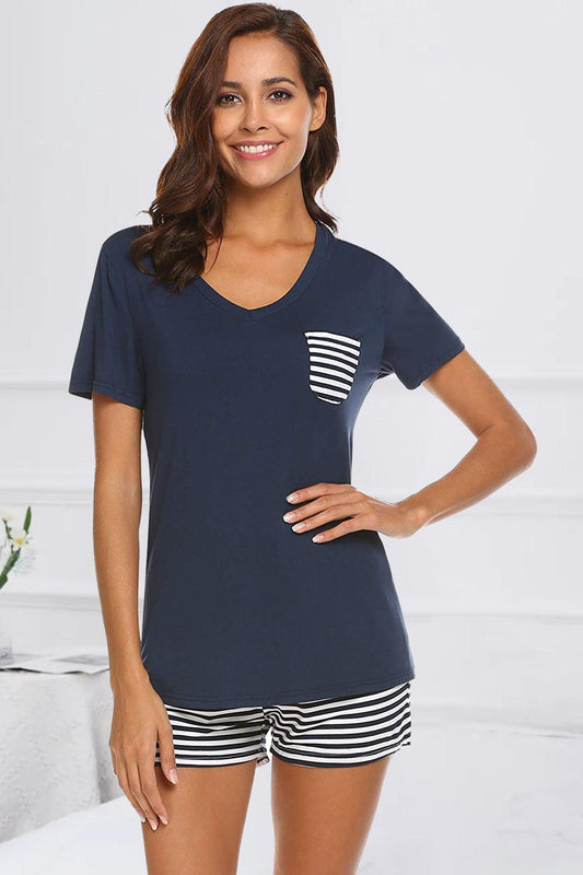 Striped Short Sleeve Top and Shorts Lounge Set - CM