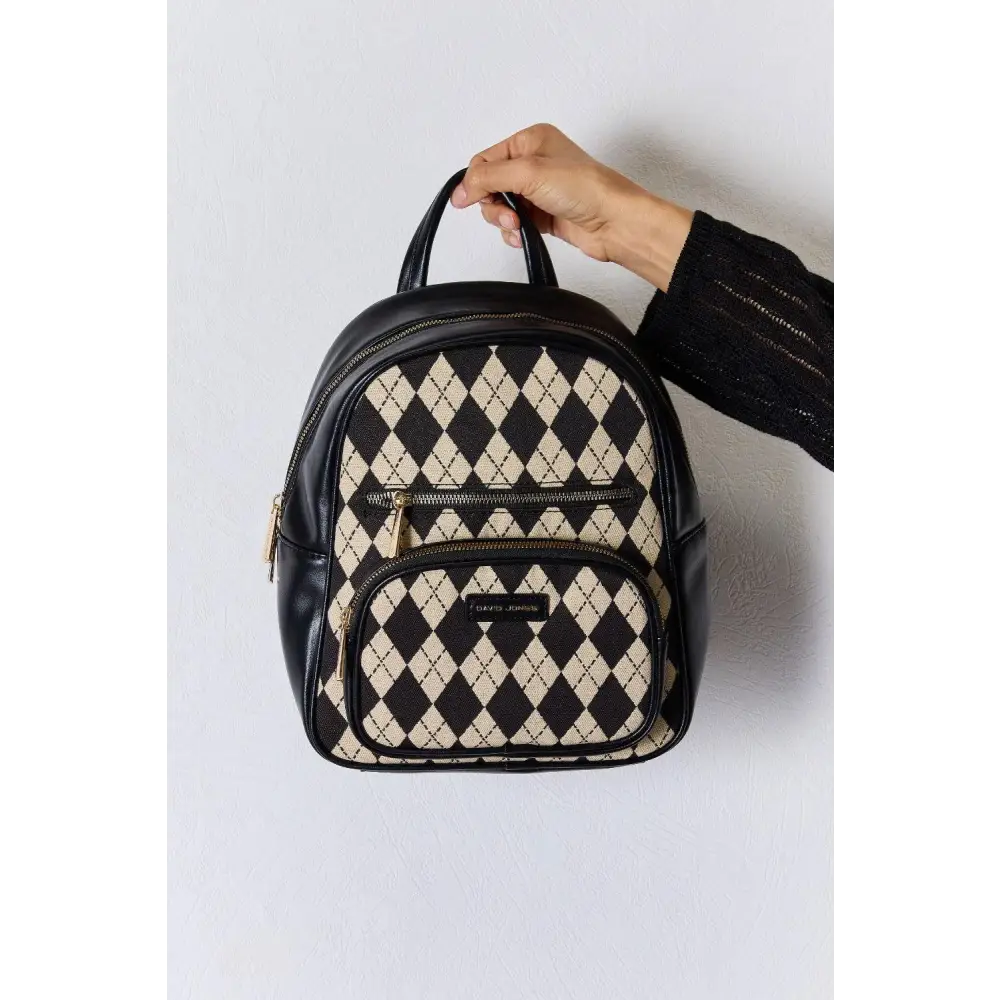 Sleek David Jones Argyle Pattern PU Leather Backpack