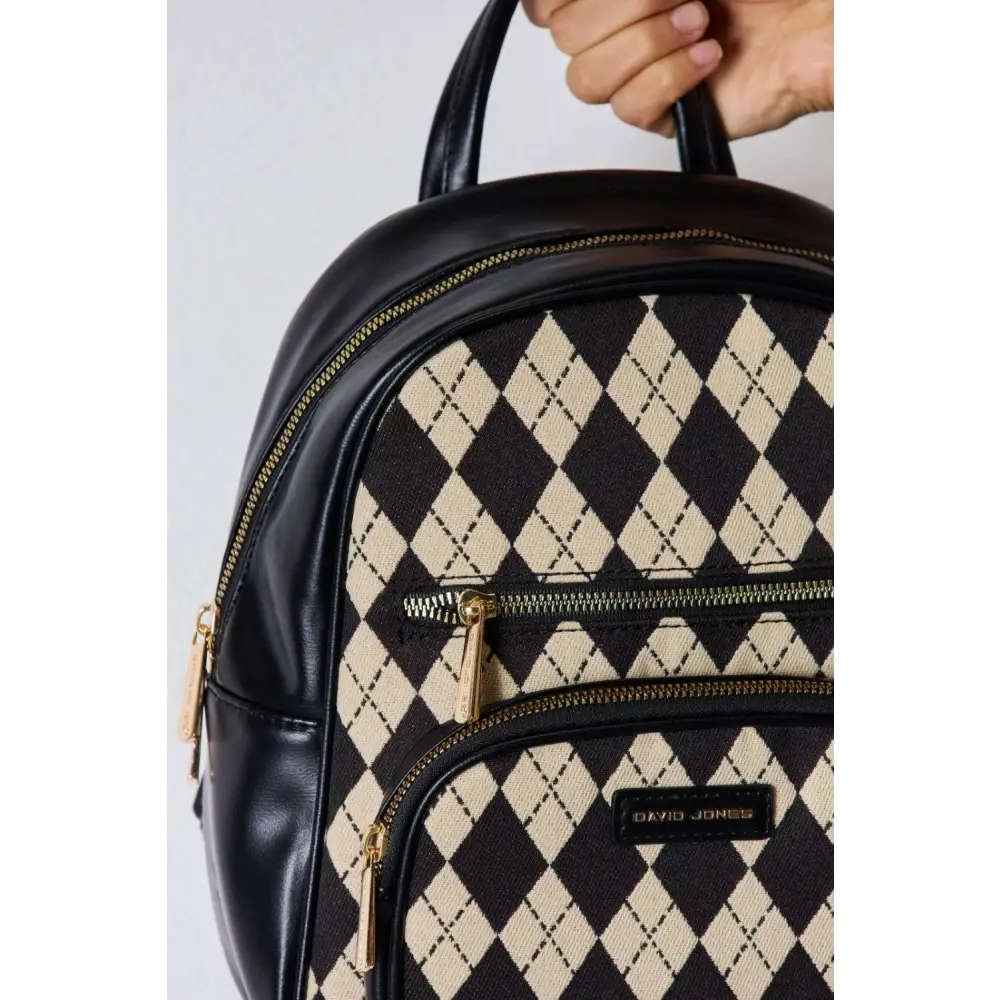 Sleek David Jones Argyle Pattern PU Leather Backpack