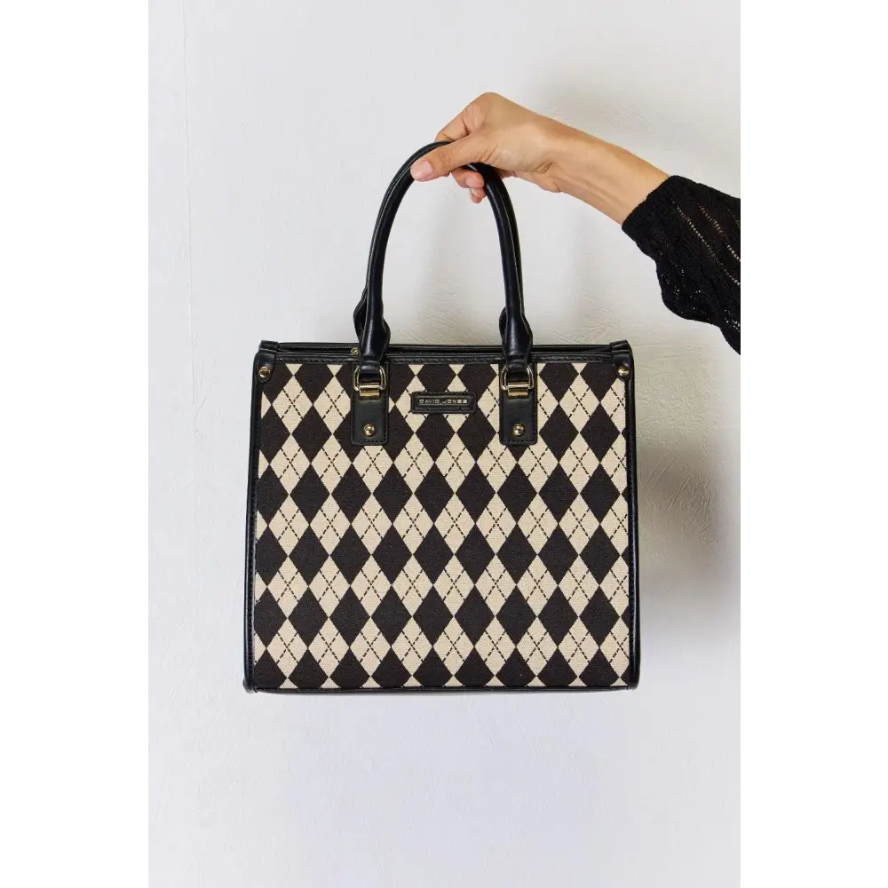 Stylish David Jones Argyle Pattern PU Leather Tote Bag