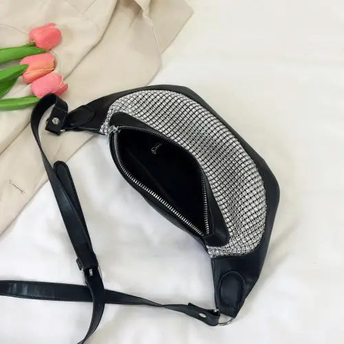Dazzling Black & Silver Rhinestone Leather Sling Bag