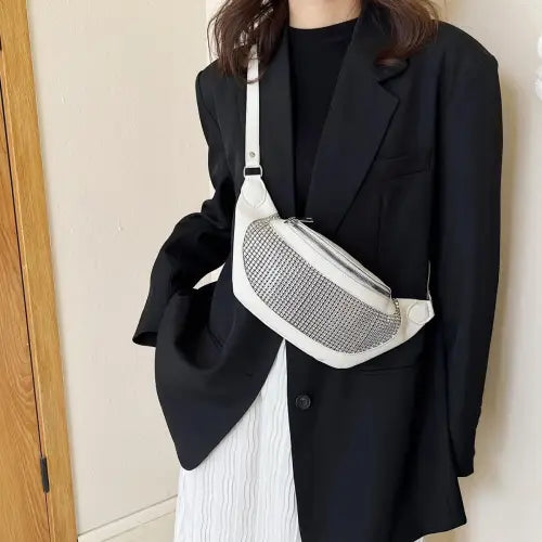 Dazzling Black & Silver Rhinestone Leather Sling Bag
