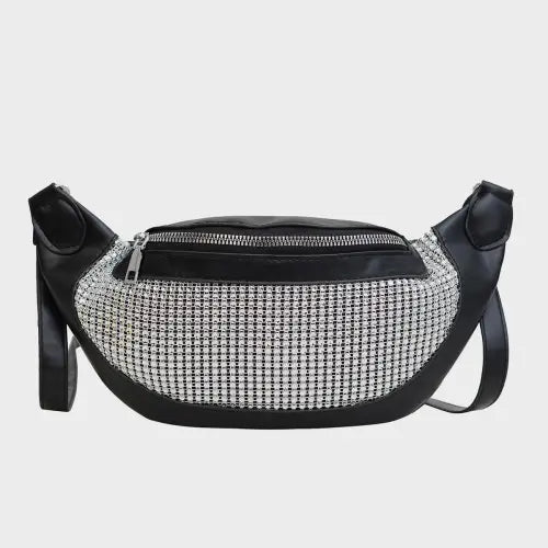 Dazzling Black & Silver Rhinestone Leather Sling Bag