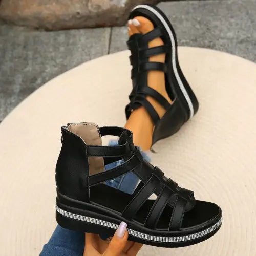 Cutout Rhinestone Trim Wedge Sandals - CM Fashion